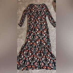 Black Floral Maxi Dress with Orange & Teal Accents